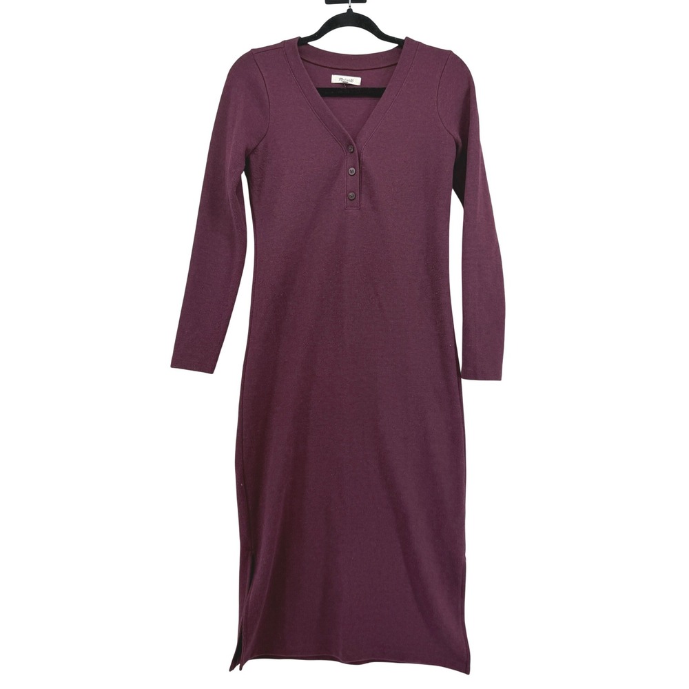 Madewell‎ Henley Midi Dress Burgundy Plum Ribbed Knit Long Sleeve XXS